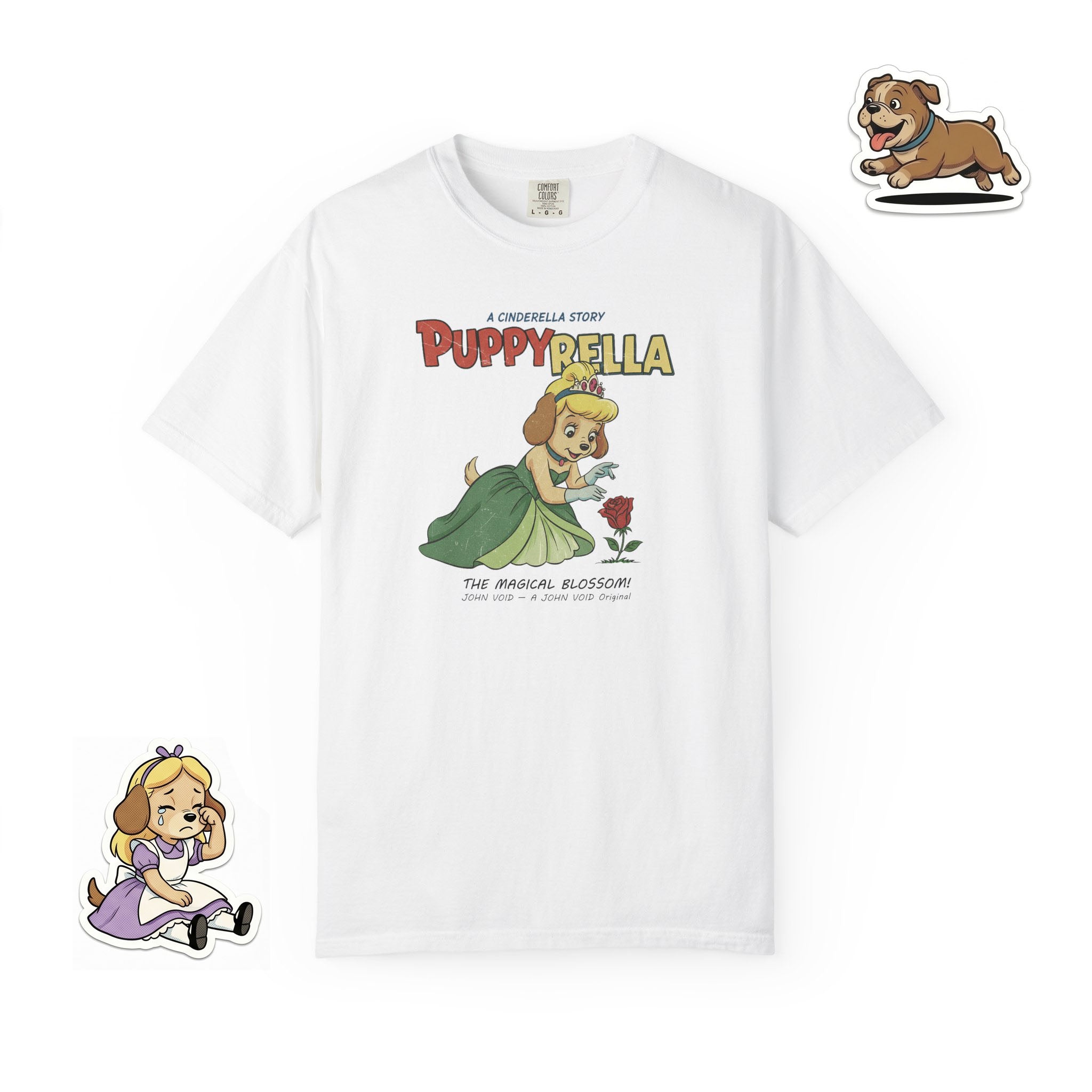 Puppyrella Rose Illustration T-Shirt, Retro Storybook Graphic Tee by John Void