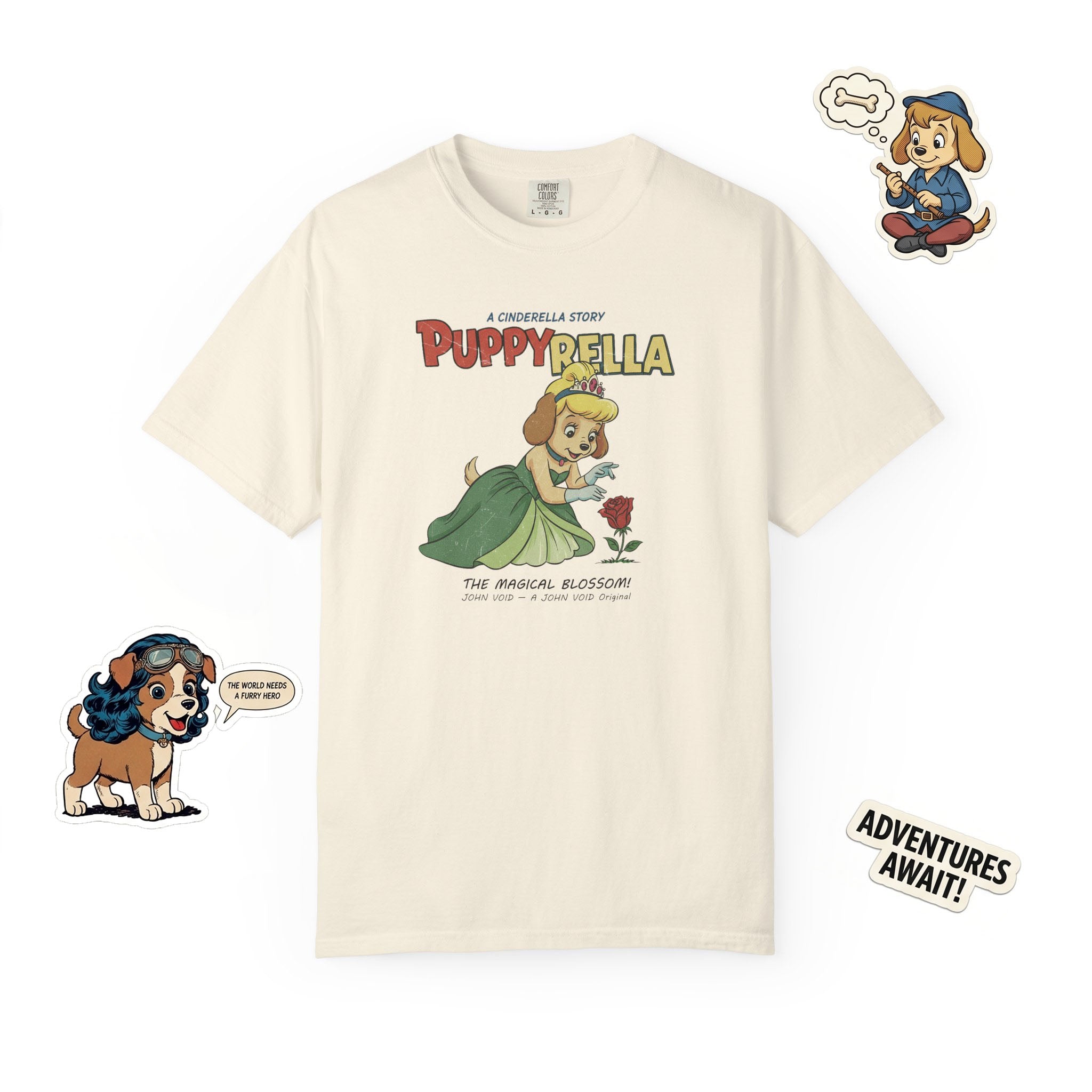 Puppyrella Rose Illustration T-Shirt, Retro Storybook Graphic Tee by John Void