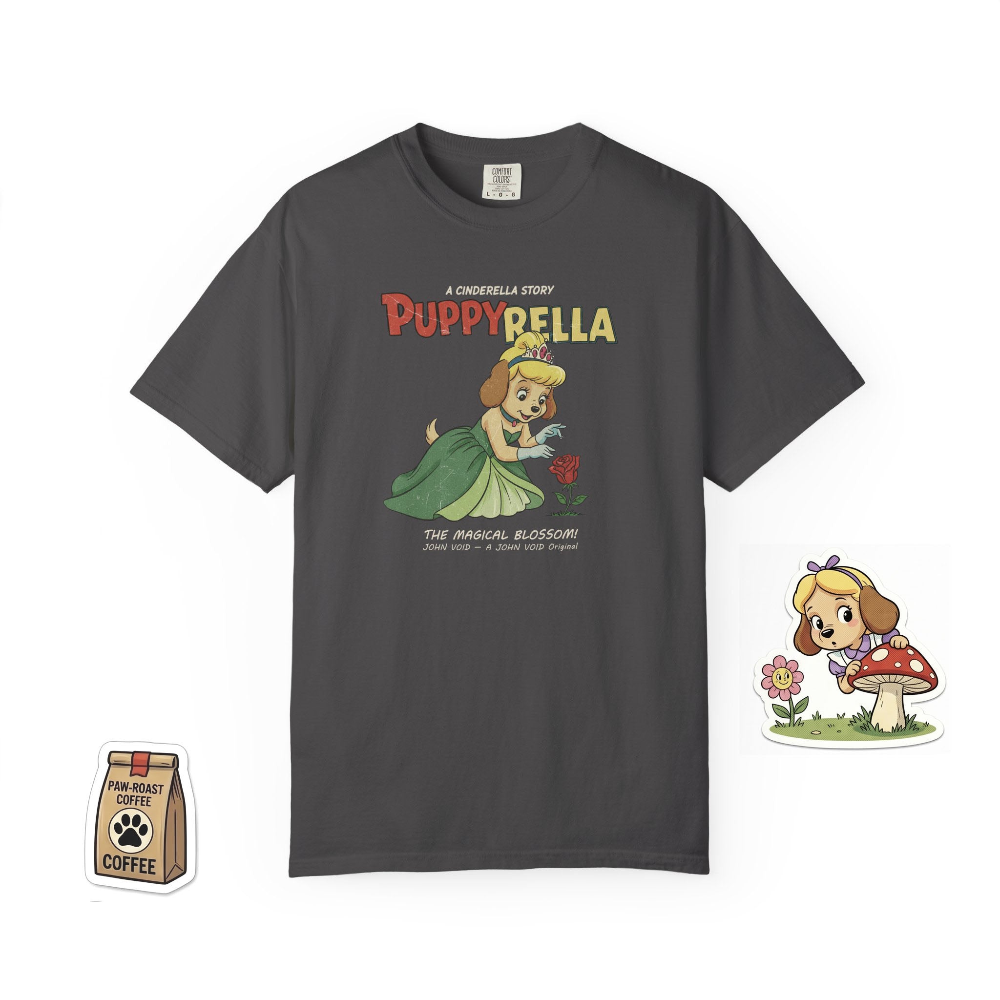 Puppyrella Rose Illustration T-Shirt, Retro Storybook Graphic Tee by John Void