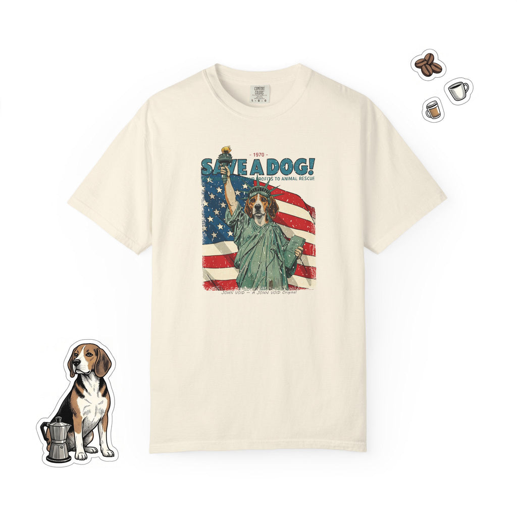Save A Dog Illustration T-Shirt, Retro Storybook Graphic Tee by John Void