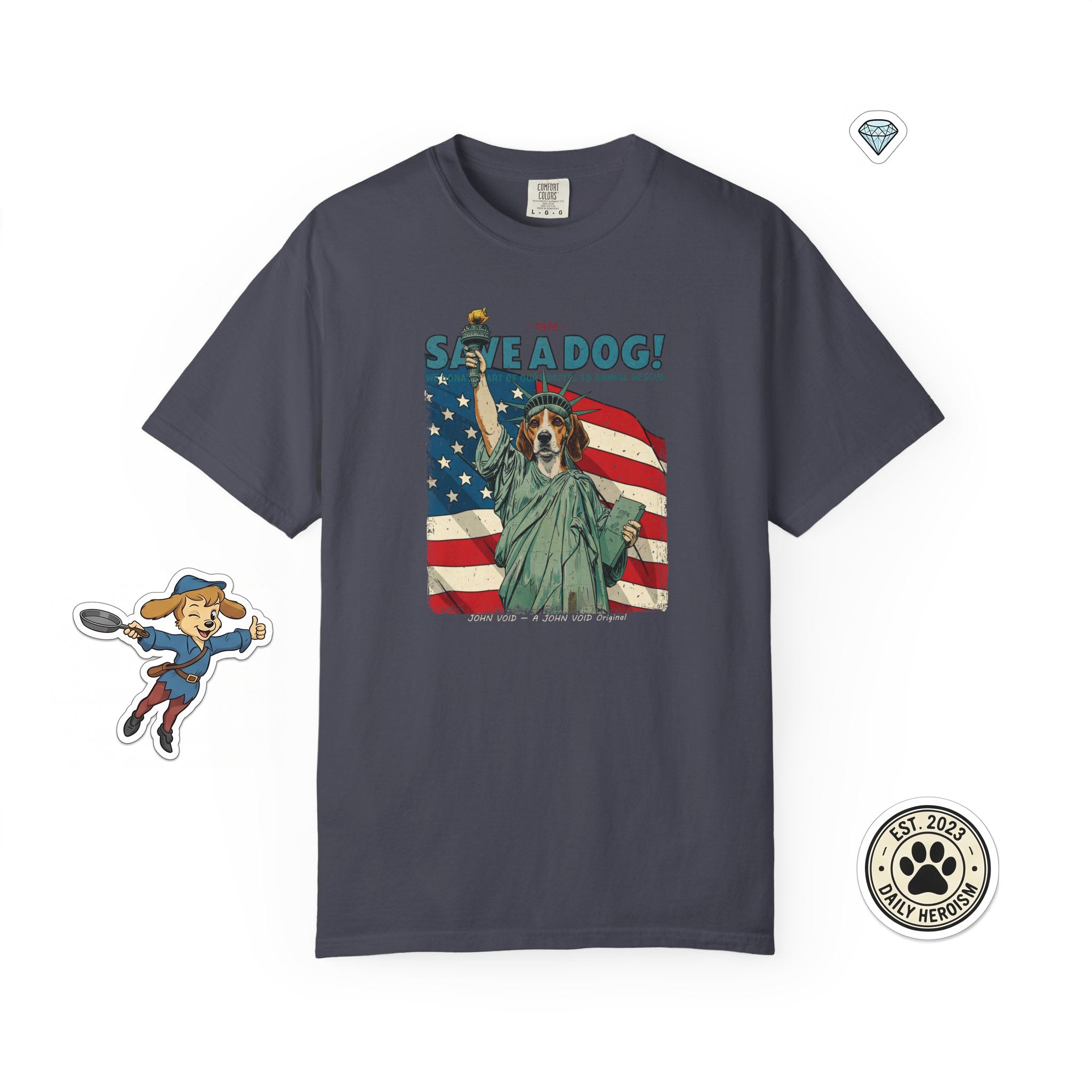 Save A Dog Illustration T-Shirt, Retro Storybook Graphic Tee by John Void