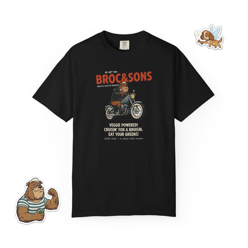 Broc & Sons Biker Illustration T-Shirt, Retro Storybook Graphic Tee by John Void