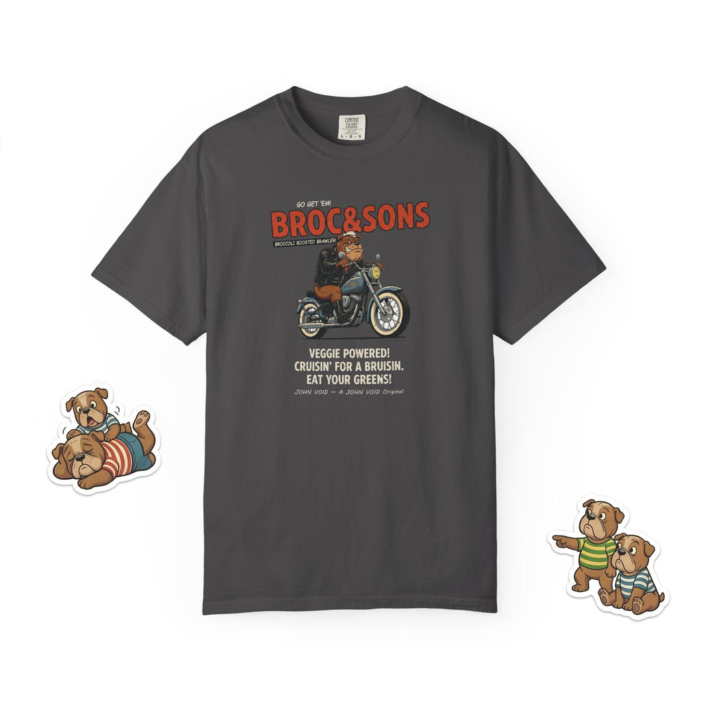 Broc & Sons Biker Illustration T-Shirt, Retro Storybook Graphic Tee by John Void