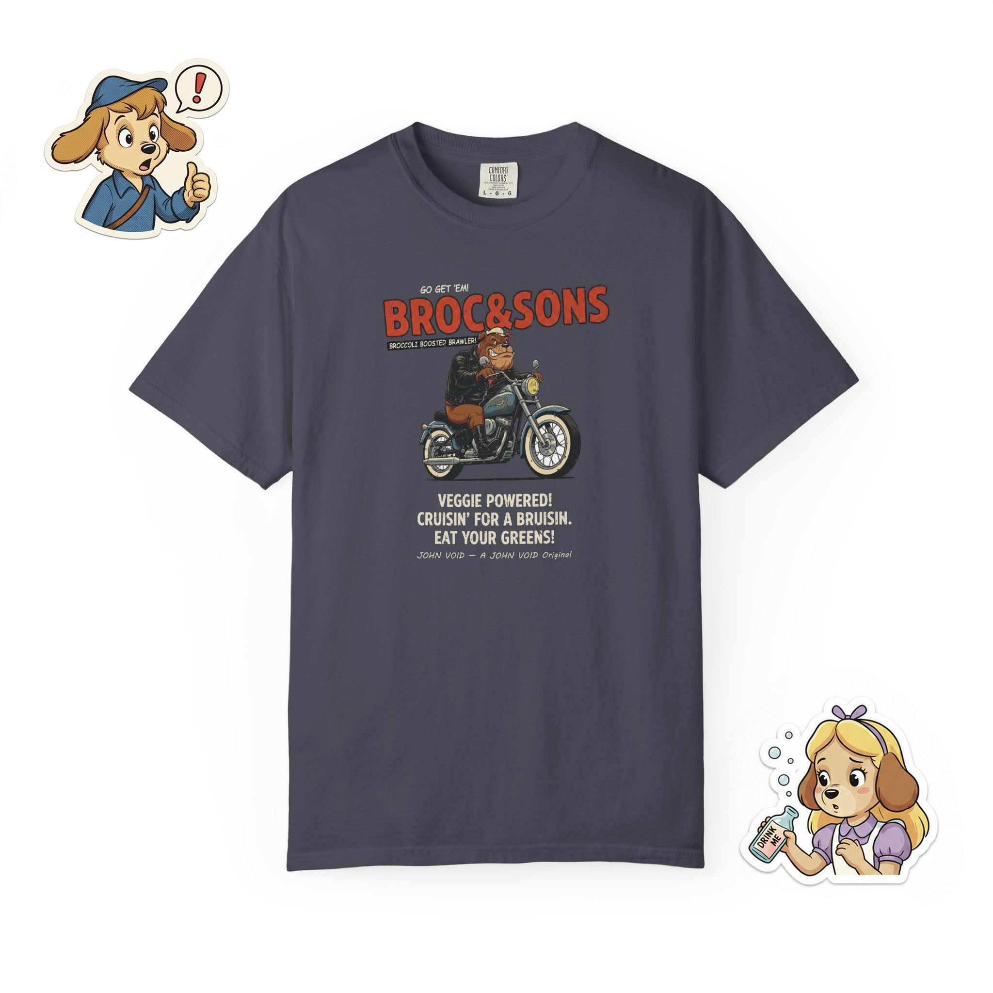 Broc & Sons Biker Illustration T-Shirt, Retro Storybook Graphic Tee by John Void