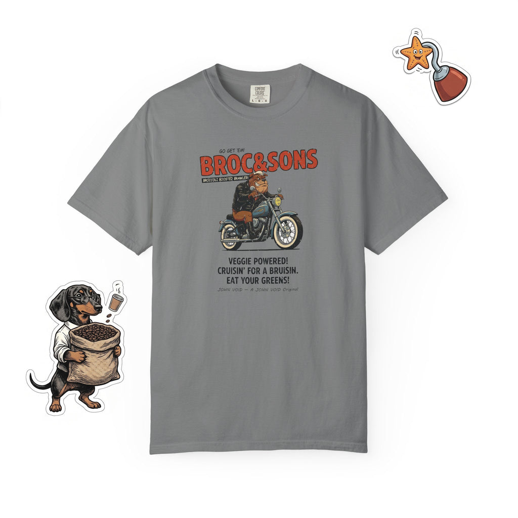 Broc & Sons Biker Illustration T-Shirt, Retro Storybook Graphic Tee by John Void