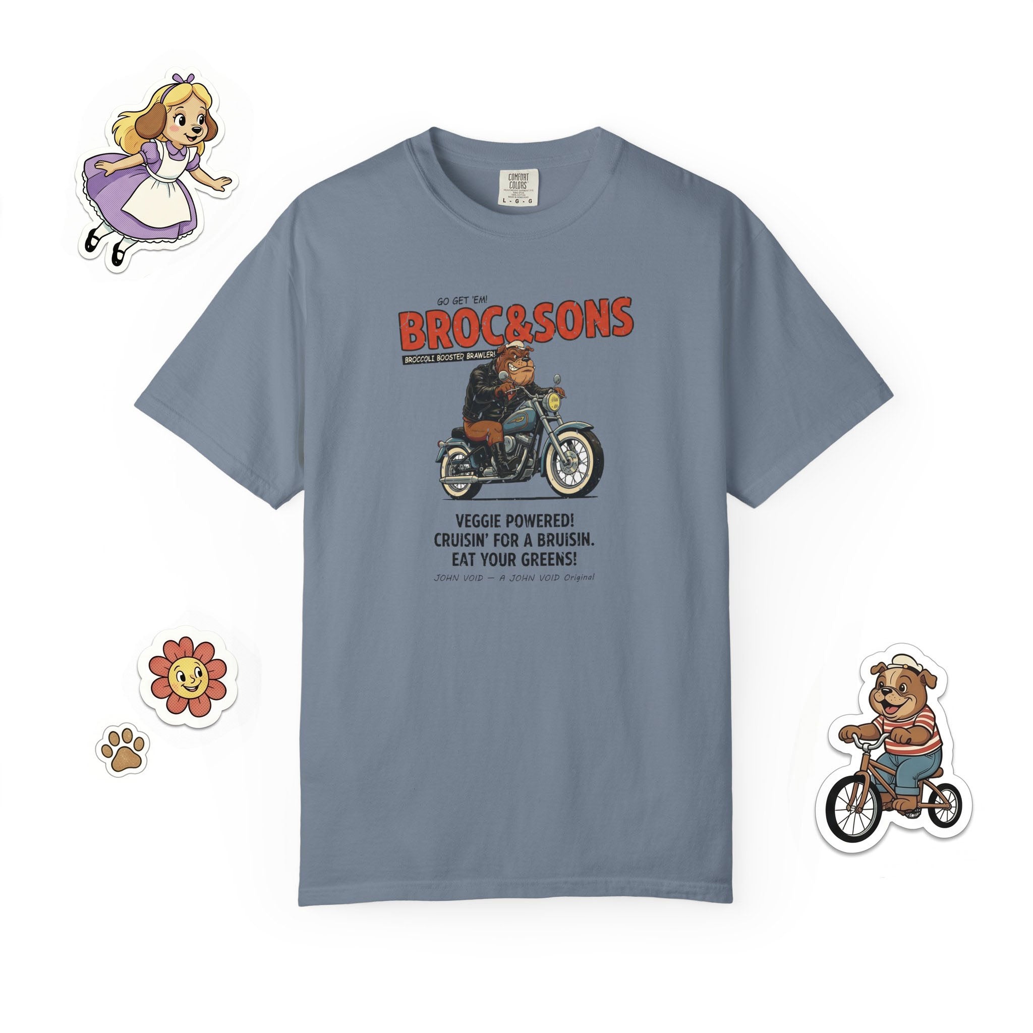 Broc & Sons Biker Illustration T-Shirt, Retro Storybook Graphic Tee by John Void