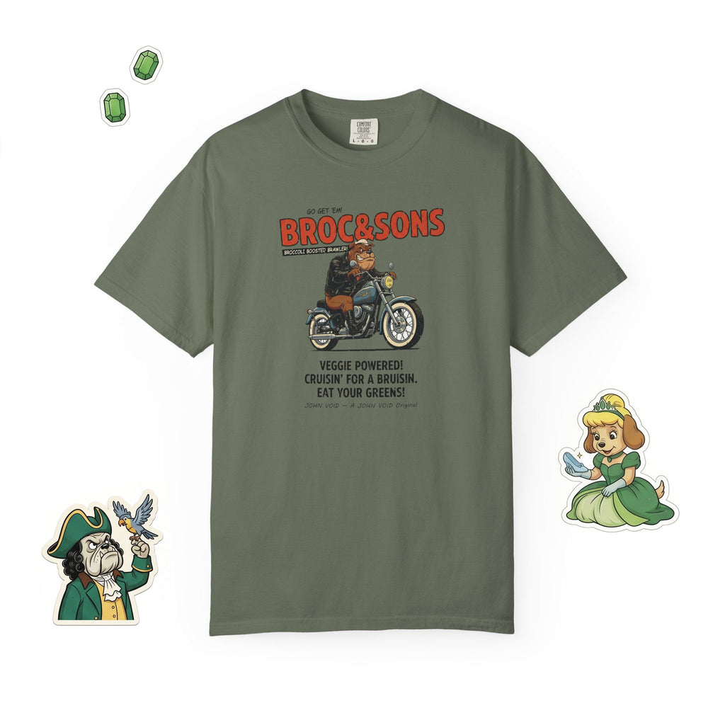 Broc & Sons Biker Illustration T-Shirt, Retro Storybook Graphic Tee by John Void