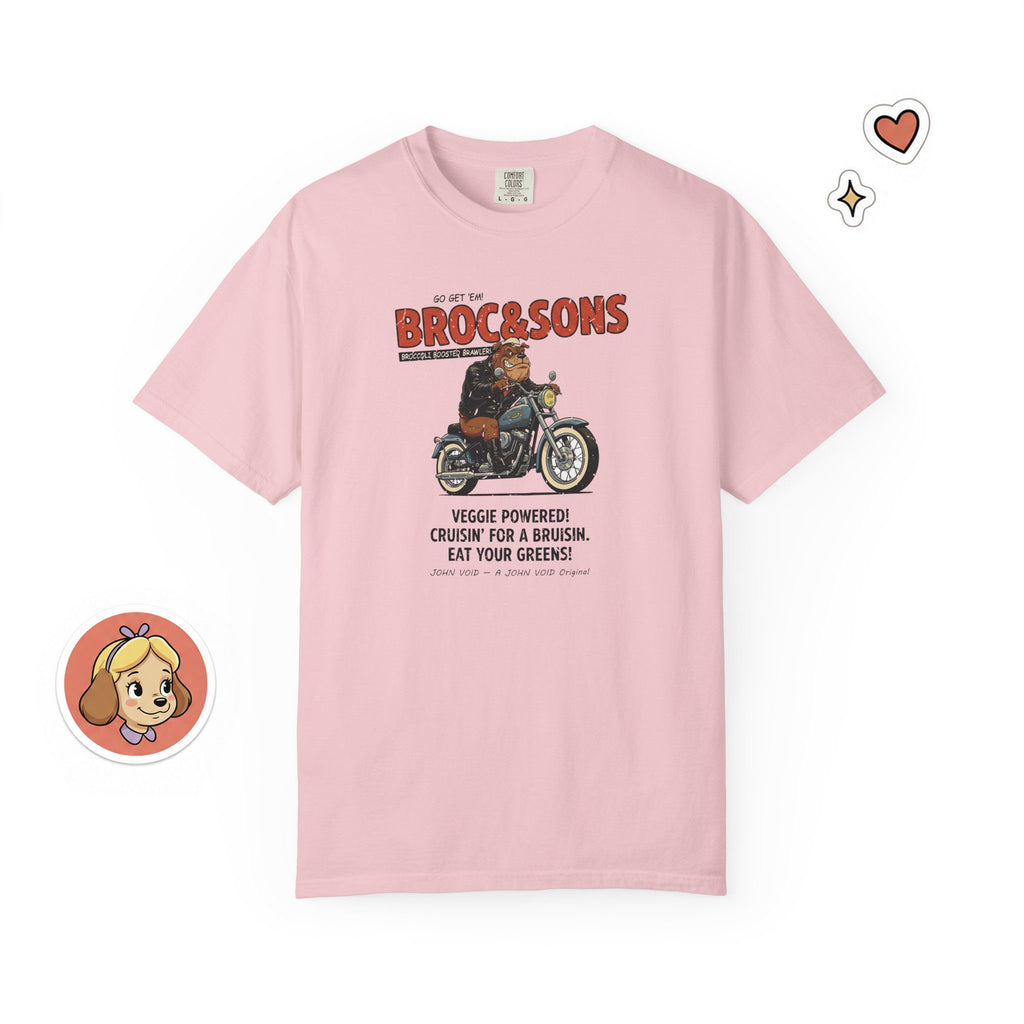 Broc & Sons Biker Illustration T-Shirt, Retro Storybook Graphic Tee by John Void