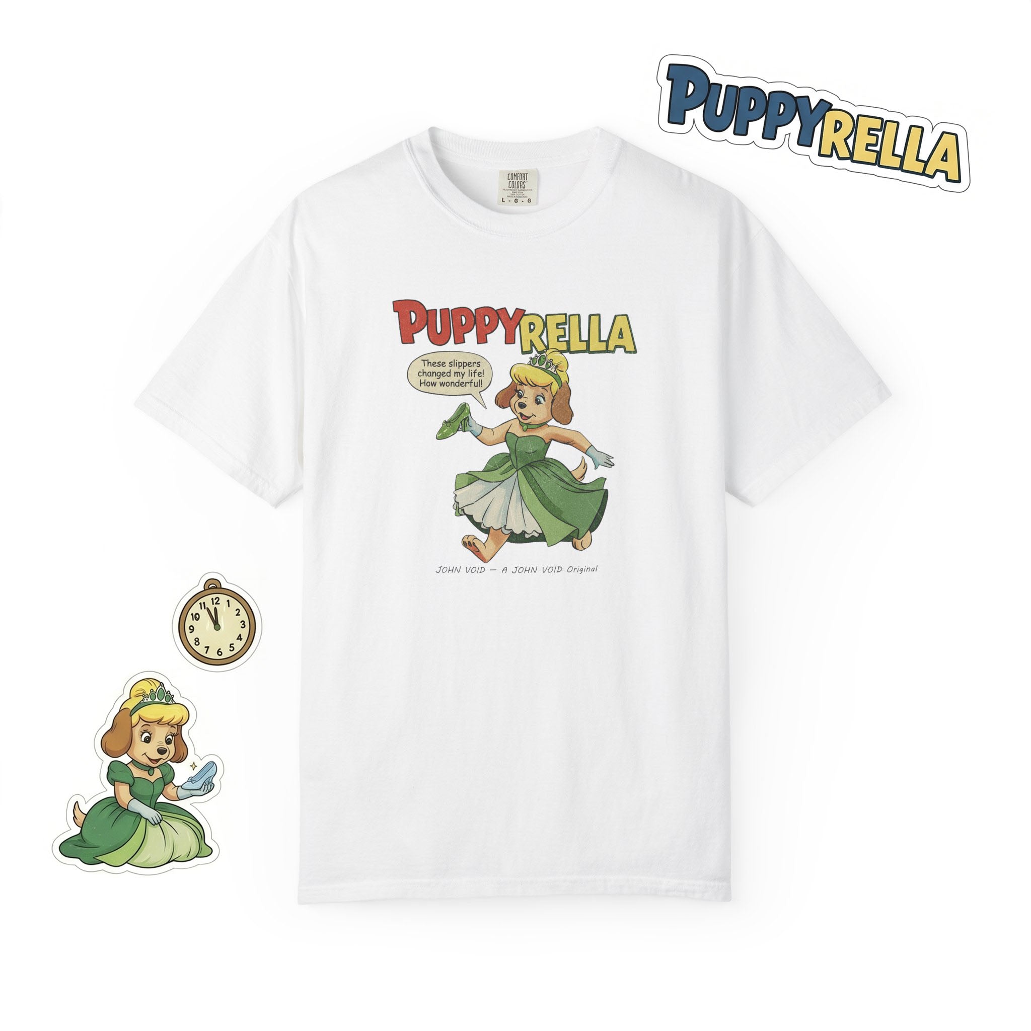Puppyrella Slipper Illustration T-Shirt, Retro Storybook Graphic Tee by John Void