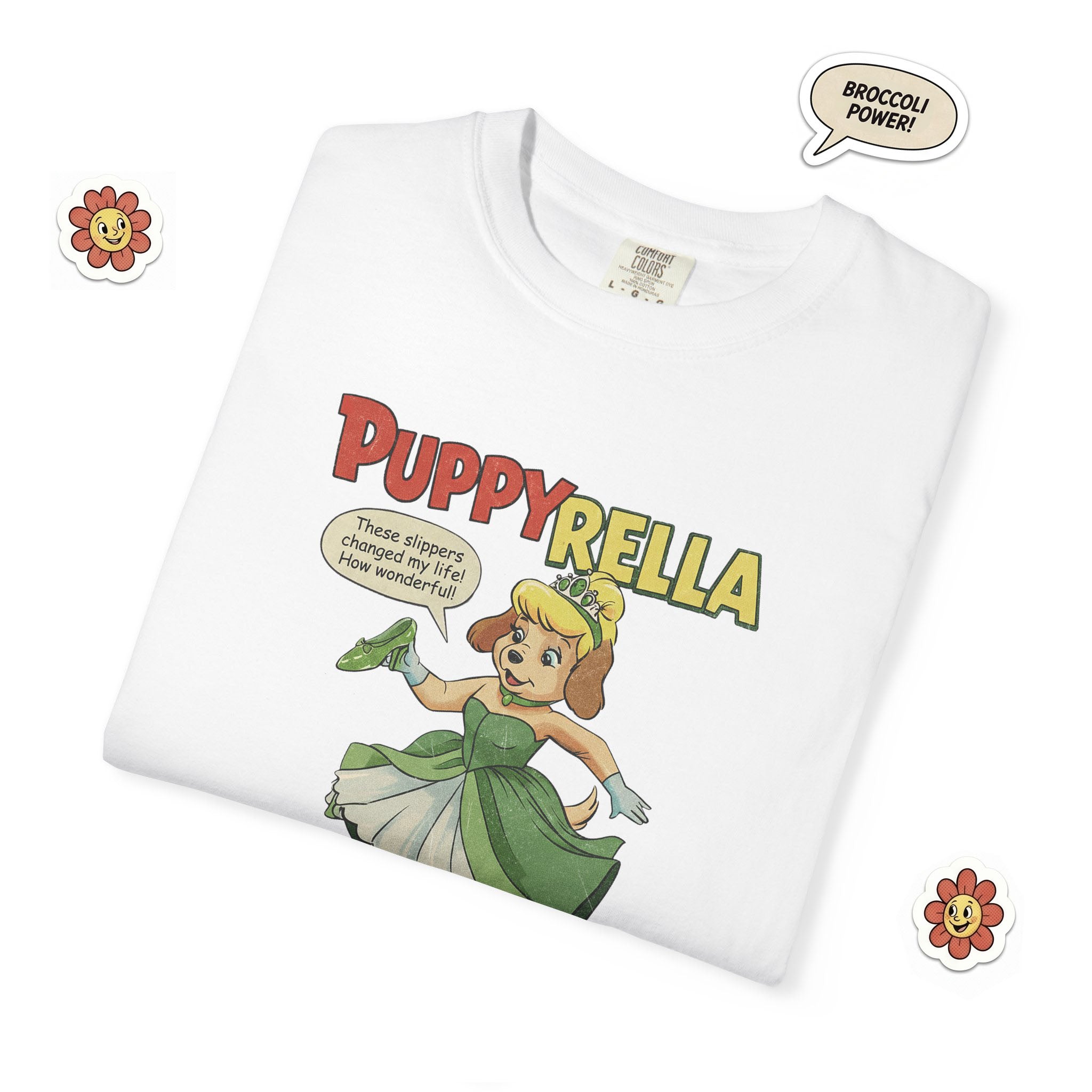 Puppyrella Slipper Illustration T-Shirt, Retro Storybook Graphic Tee by John Void
