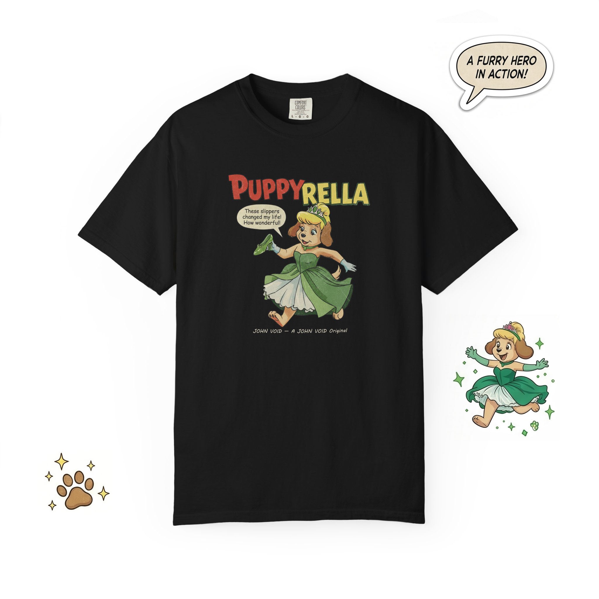 Puppyrella Slipper Illustration T-Shirt, Retro Storybook Graphic Tee by John Void