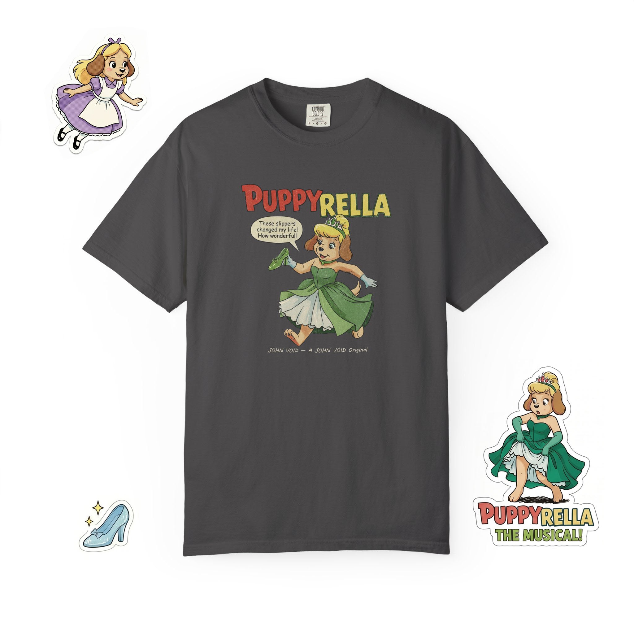 Puppyrella Slipper Illustration T-Shirt, Retro Storybook Graphic Tee by John Void