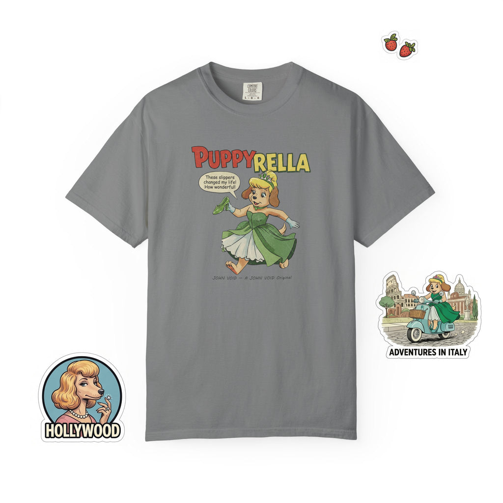 Puppyrella Slipper Illustration T-Shirt, Retro Storybook Graphic Tee by John Void