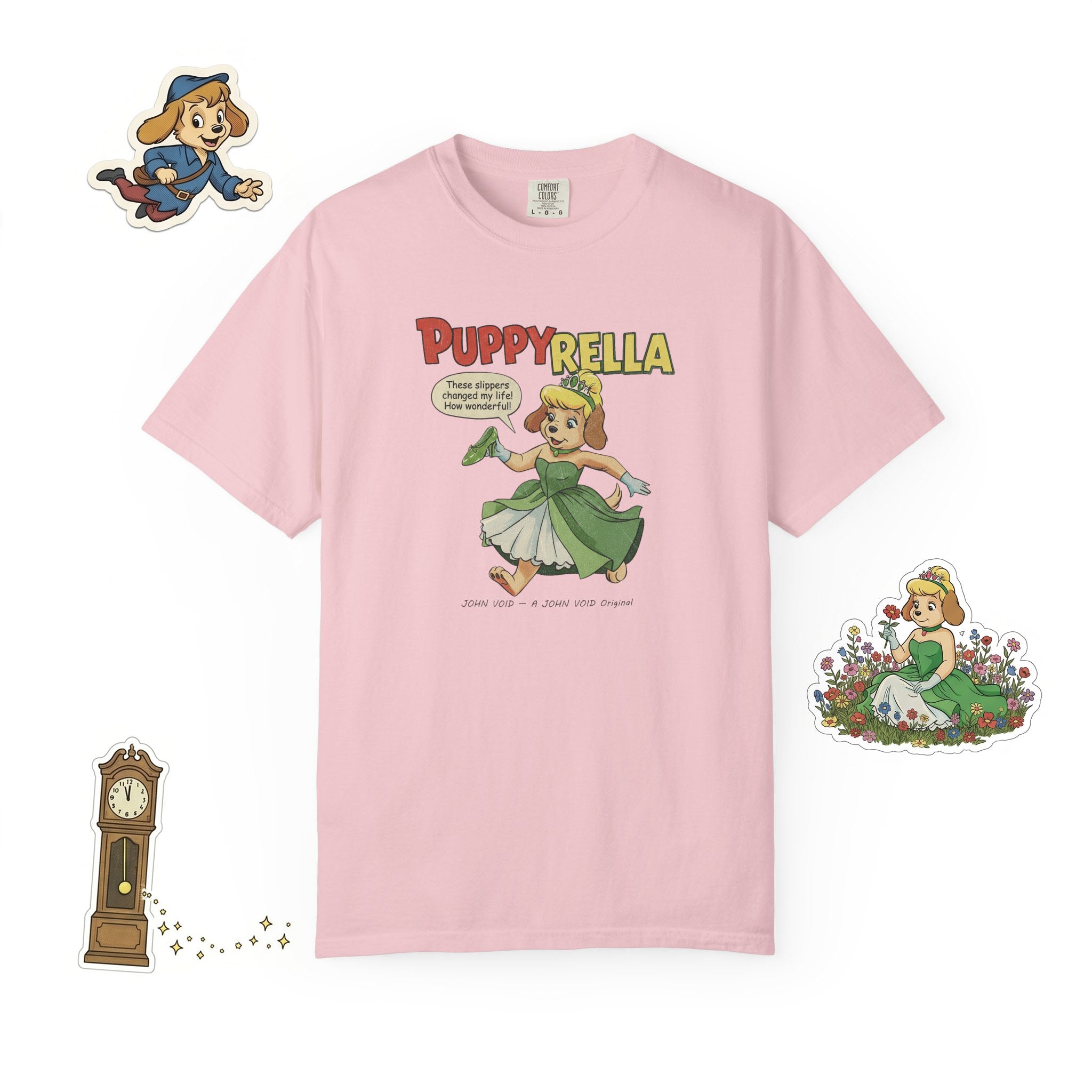 Puppyrella Slipper Illustration T-Shirt, Retro Storybook Graphic Tee by John Void