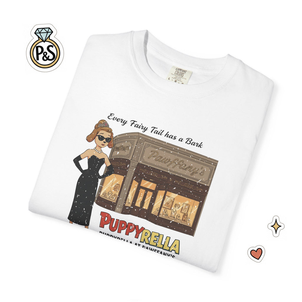 Puppyrella Jewelry Store Illustration T-Shirt, Retro Storybook Graphic Tee by John Void