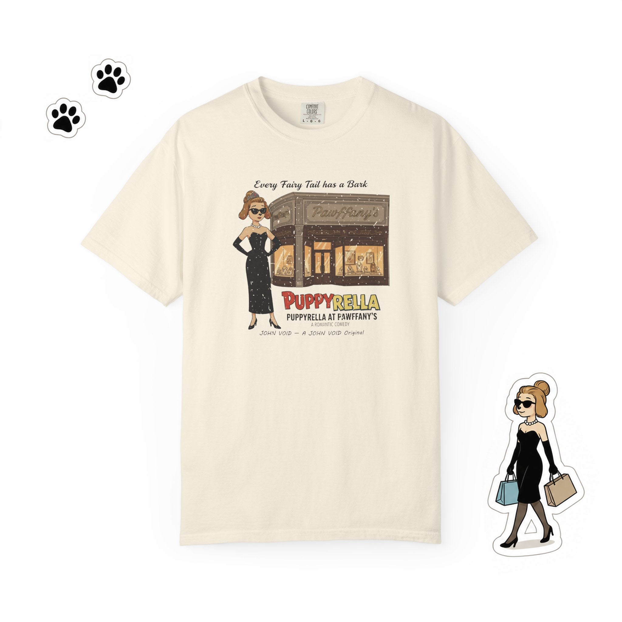 Puppyrella Jewelry Store Illustration T-Shirt, Retro Storybook Graphic Tee by John Void