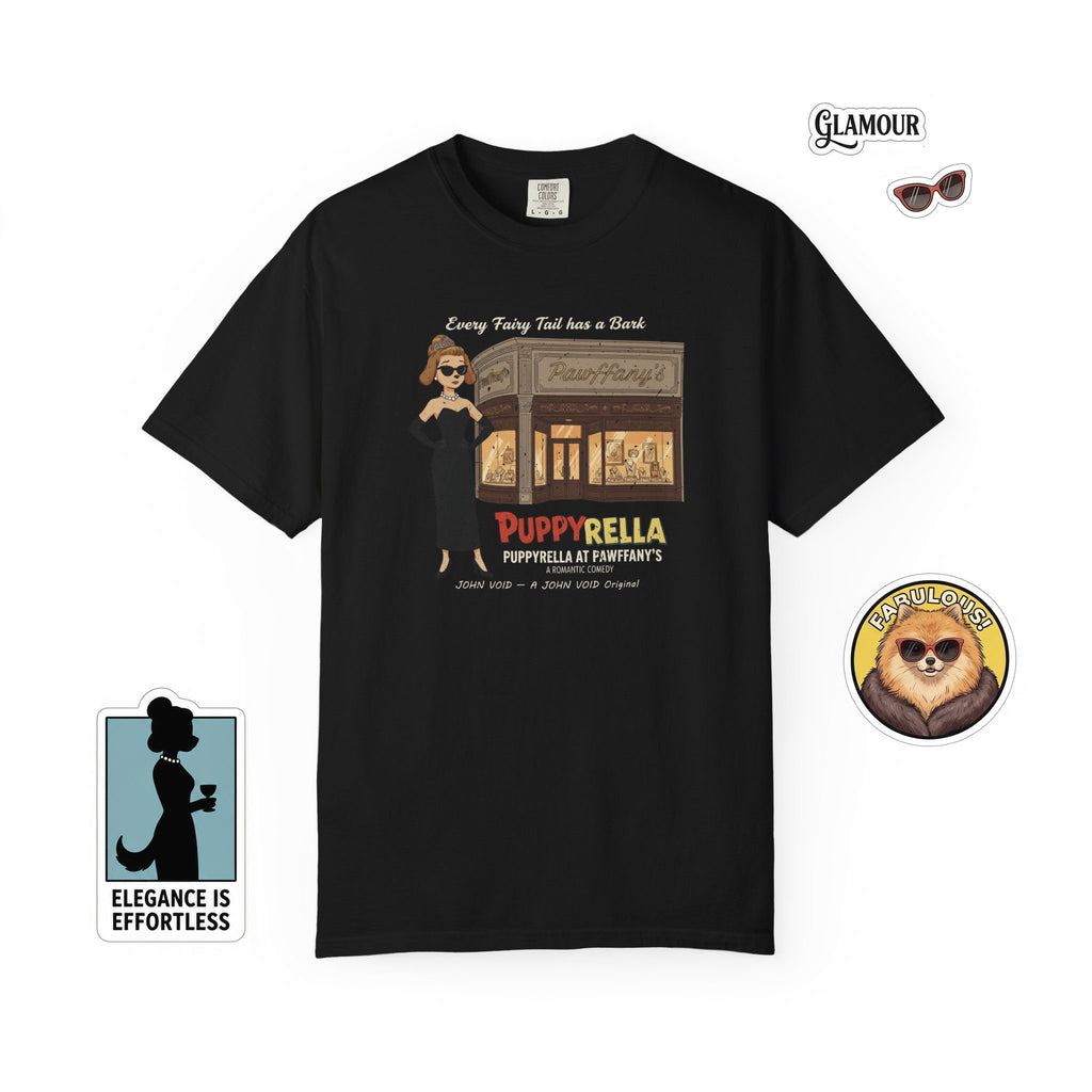 Puppyrella Jewelry Store Illustration T-Shirt, Retro Storybook Graphic Tee by John Void