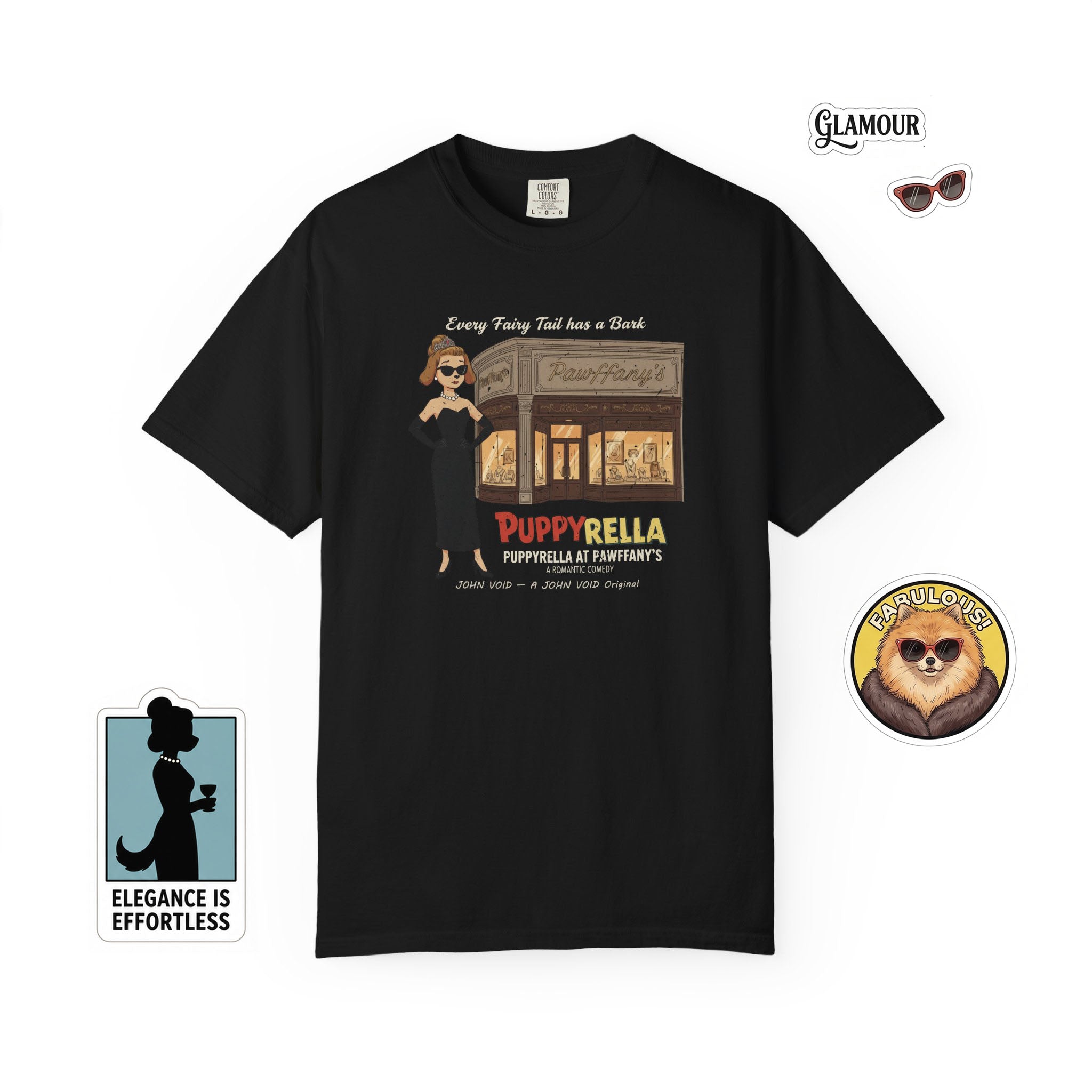 Puppyrella Jewelry Store Illustration T-Shirt, Retro Storybook Graphic Tee by John Void
