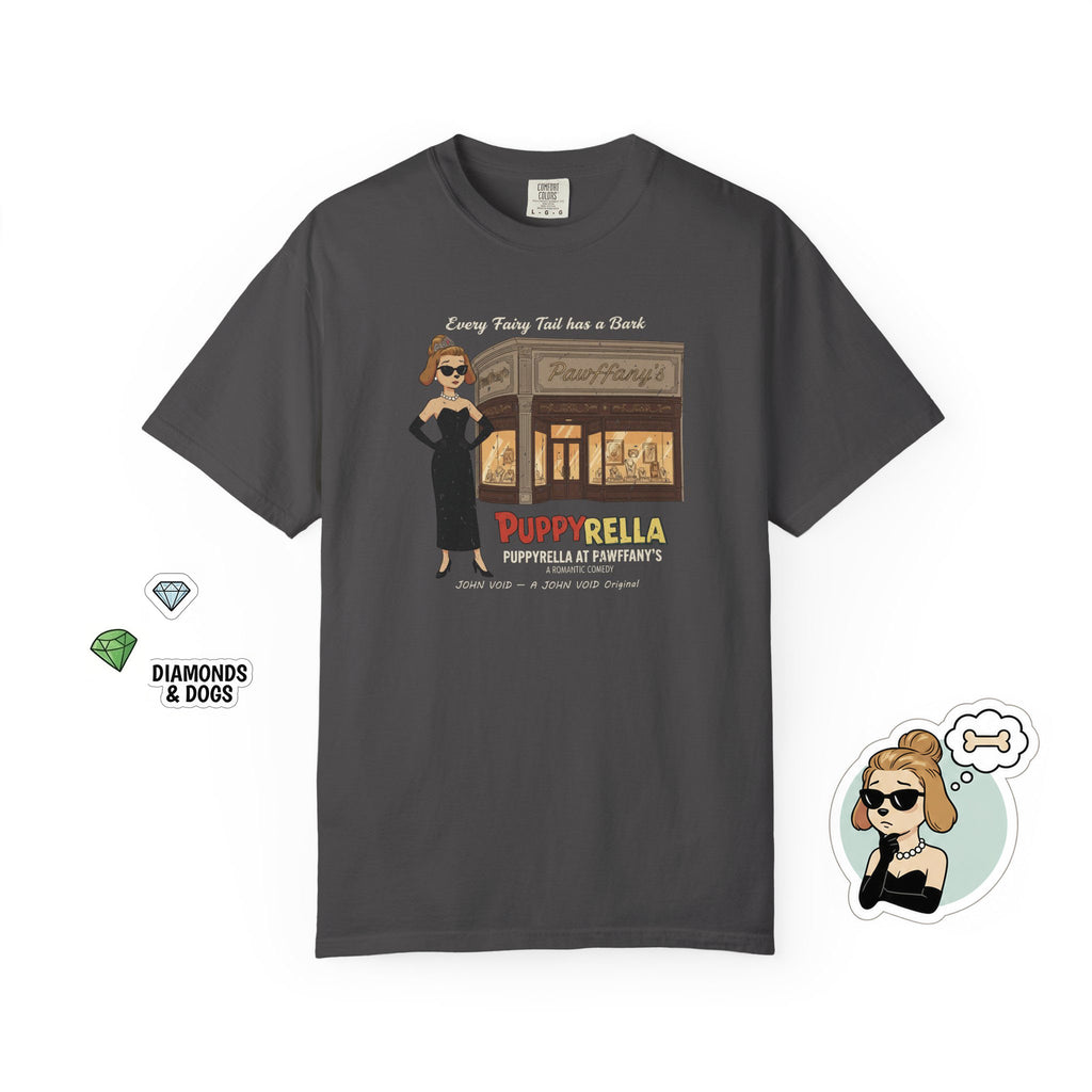 Puppyrella Jewelry Store Illustration T-Shirt, Retro Storybook Graphic Tee by John Void