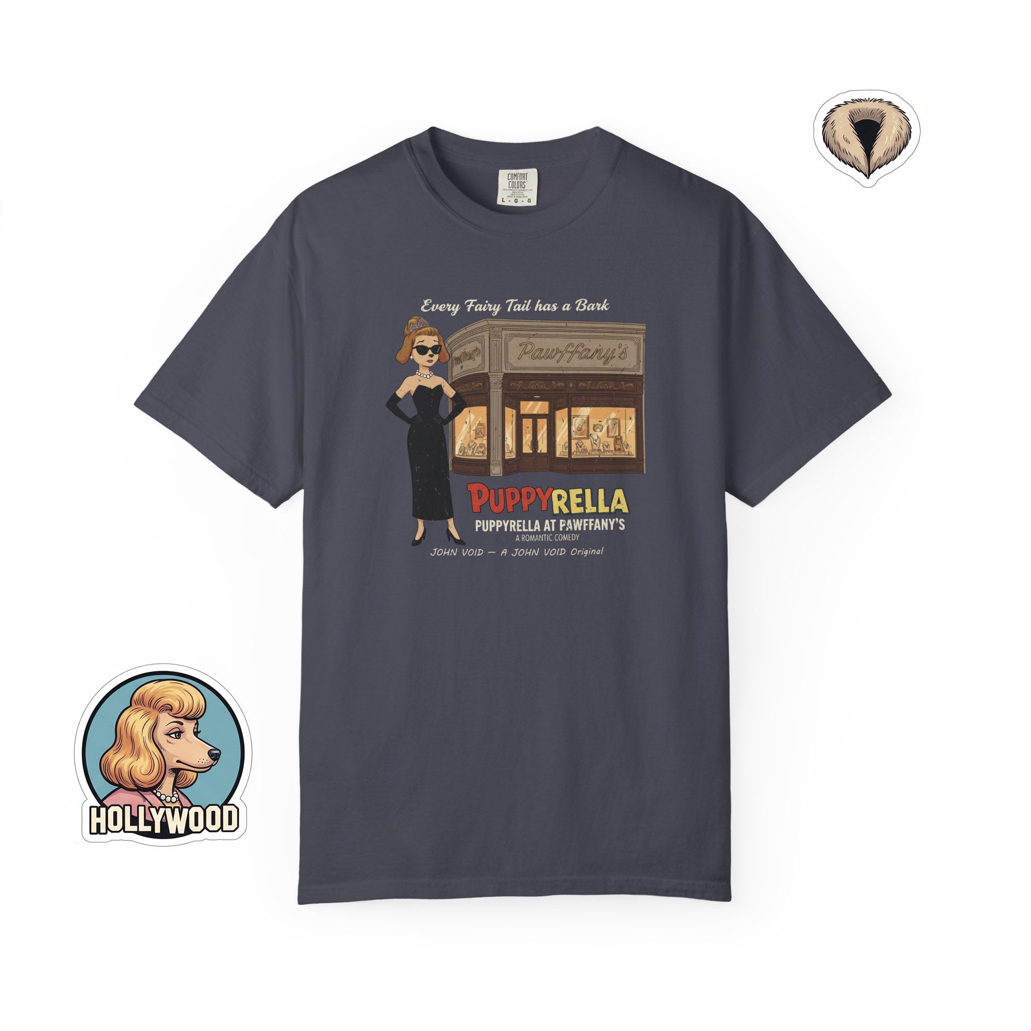 Puppyrella Jewelry Store Illustration T-Shirt, Retro Storybook Graphic Tee by John Void