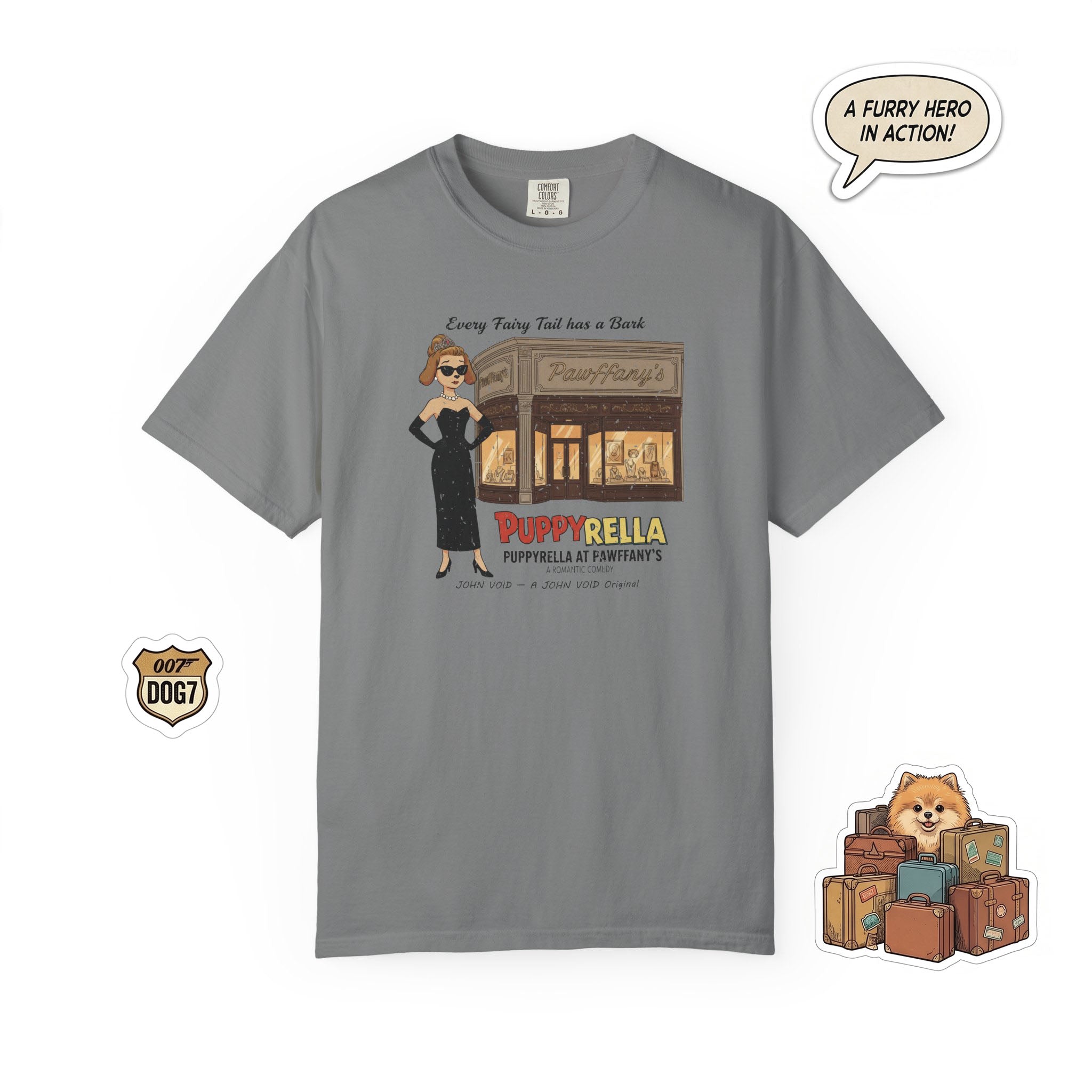 Puppyrella Jewelry Store Illustration T-Shirt, Retro Storybook Graphic Tee by John Void
