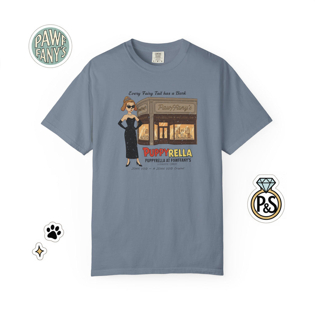 Puppyrella Jewelry Store Illustration T-Shirt, Retro Storybook Graphic Tee by John Void