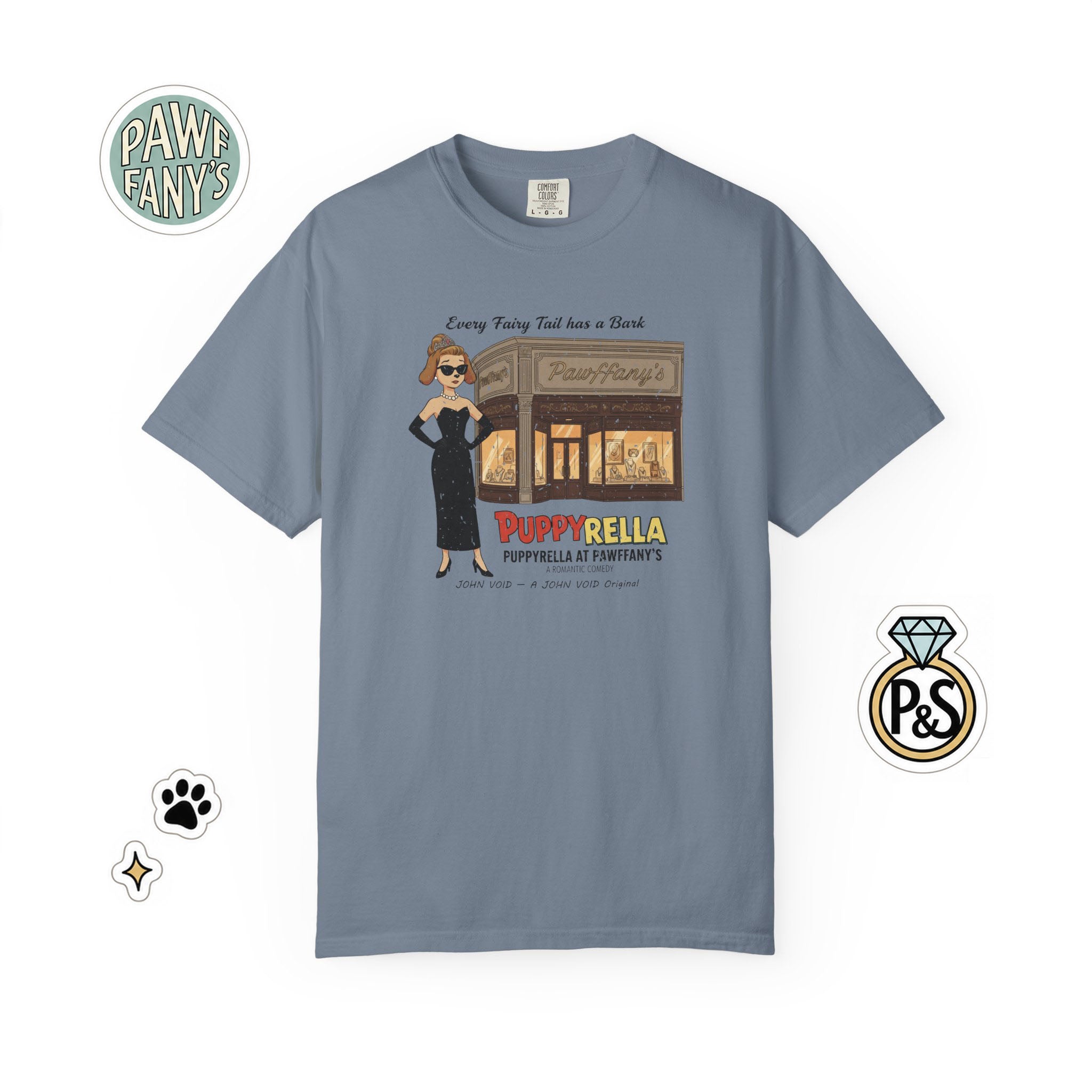 Puppyrella Jewelry Store Illustration T-Shirt, Retro Storybook Graphic Tee by John Void