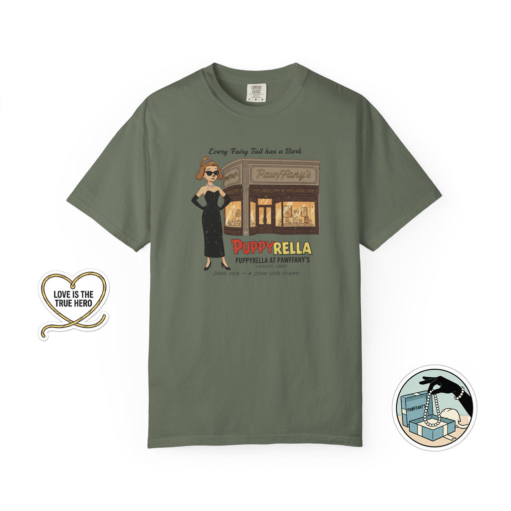Puppyrella Jewelry Store Illustration T-Shirt, Retro Storybook Graphic Tee by John Void