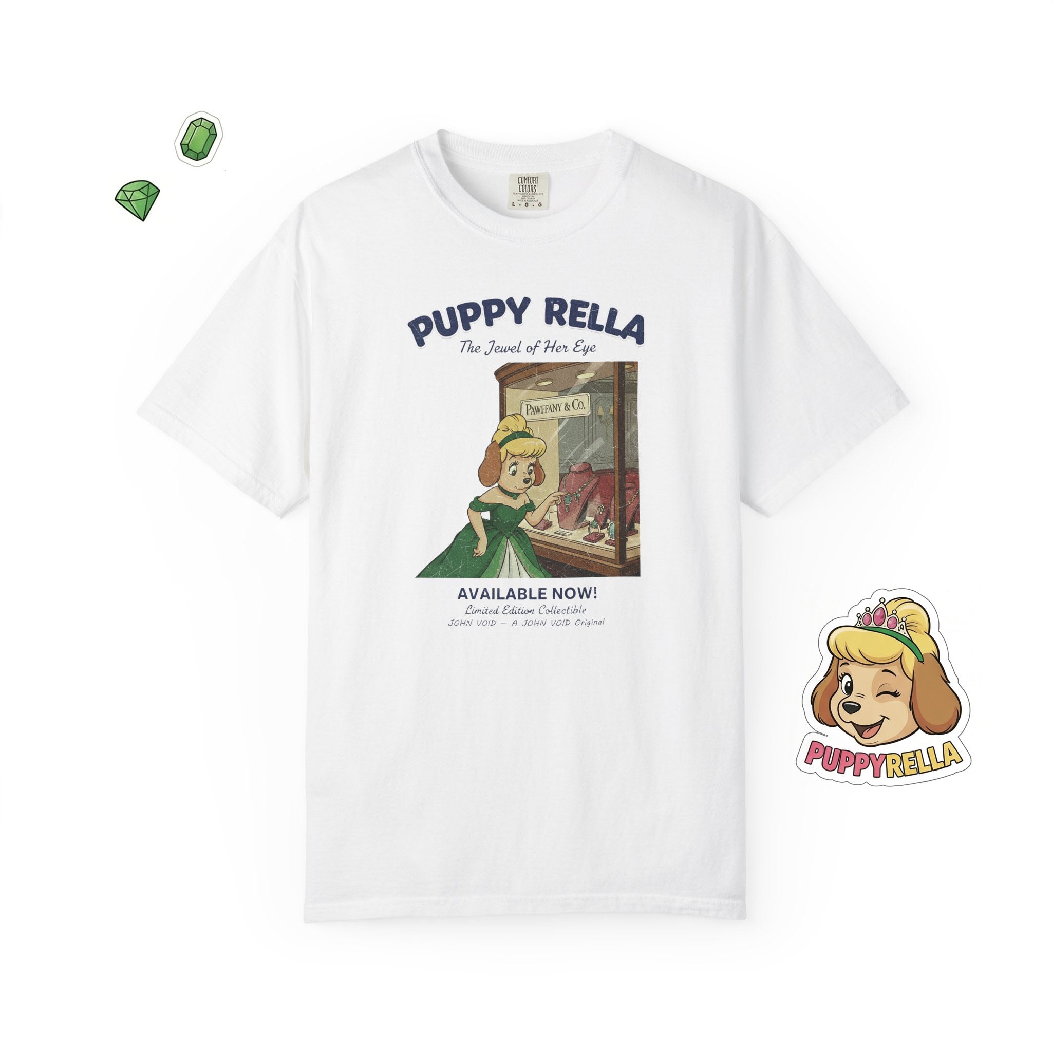 Puppyrella Window Shopping Illustration T-Shirt, Retro Storybook Graphic Tee by John Void