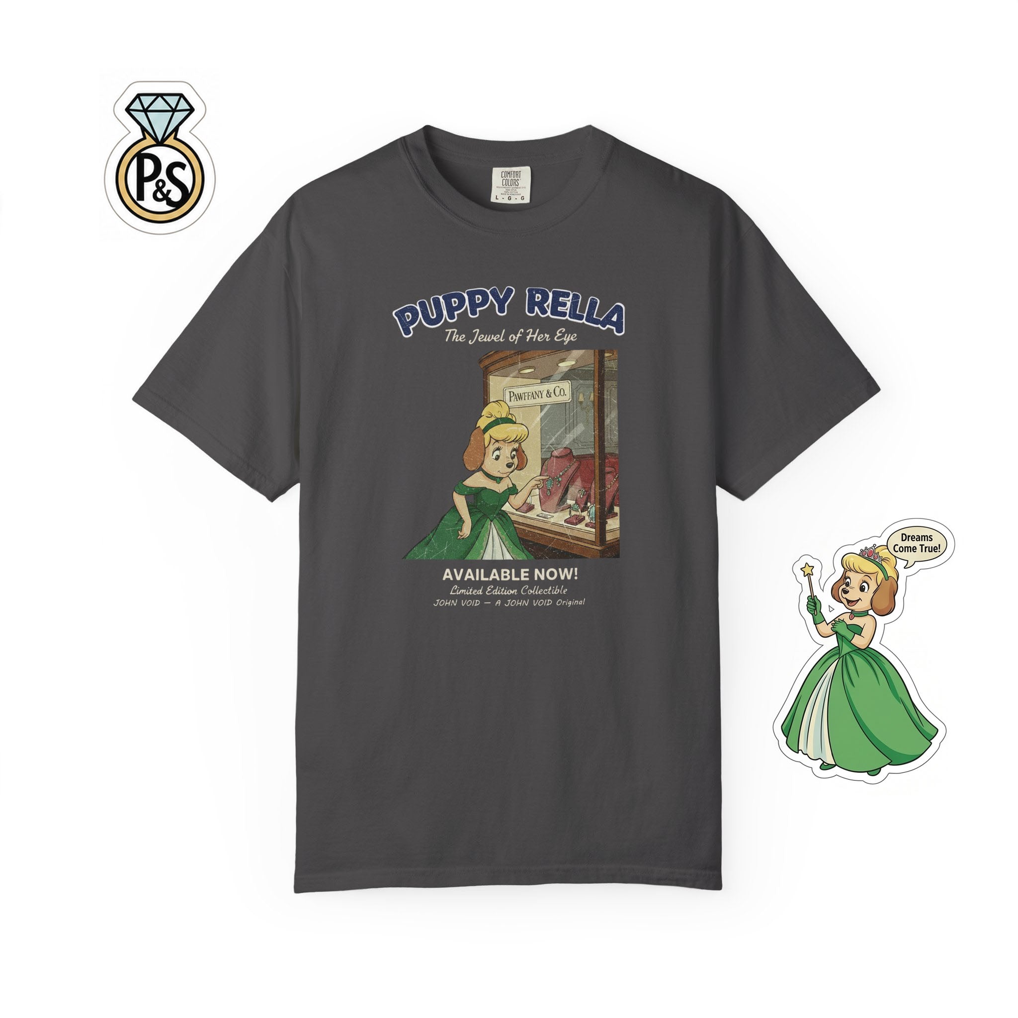 Puppyrella Window Shopping Illustration T-Shirt, Retro Storybook Graphic Tee by John Void