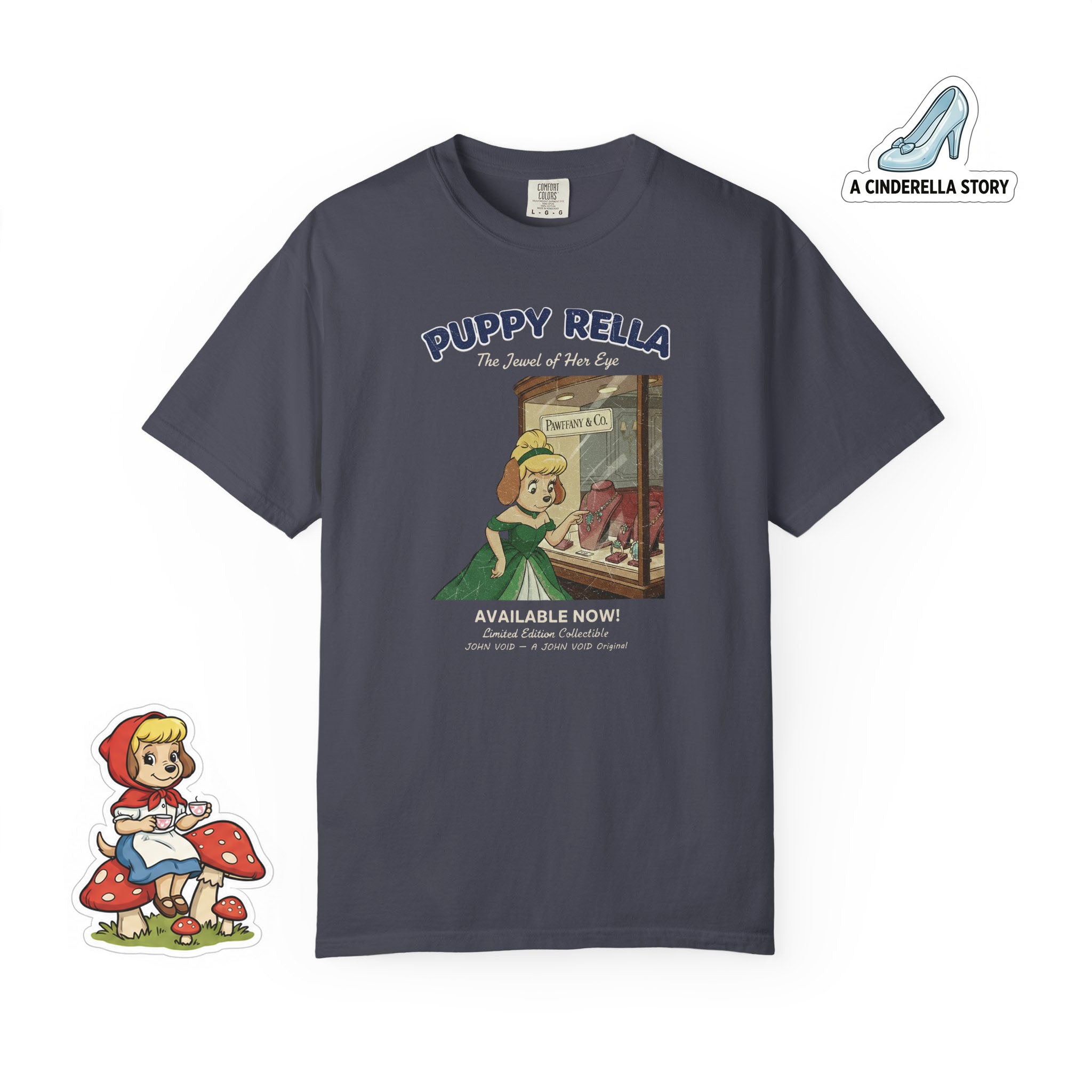 Puppyrella Window Shopping Illustration T-Shirt, Retro Storybook Graphic Tee by John Void