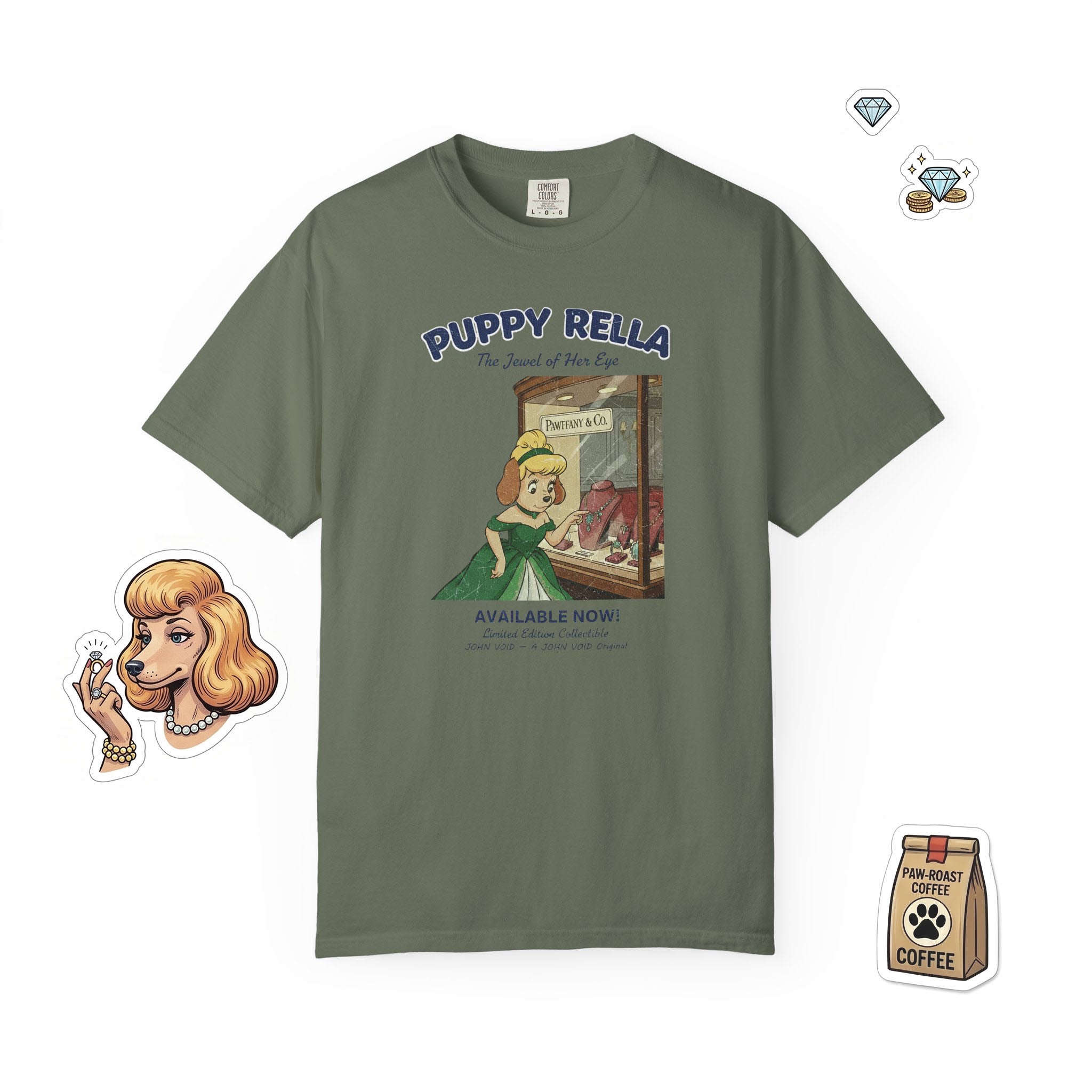 Puppyrella Window Shopping Illustration T-Shirt, Retro Storybook Graphic Tee by John Void