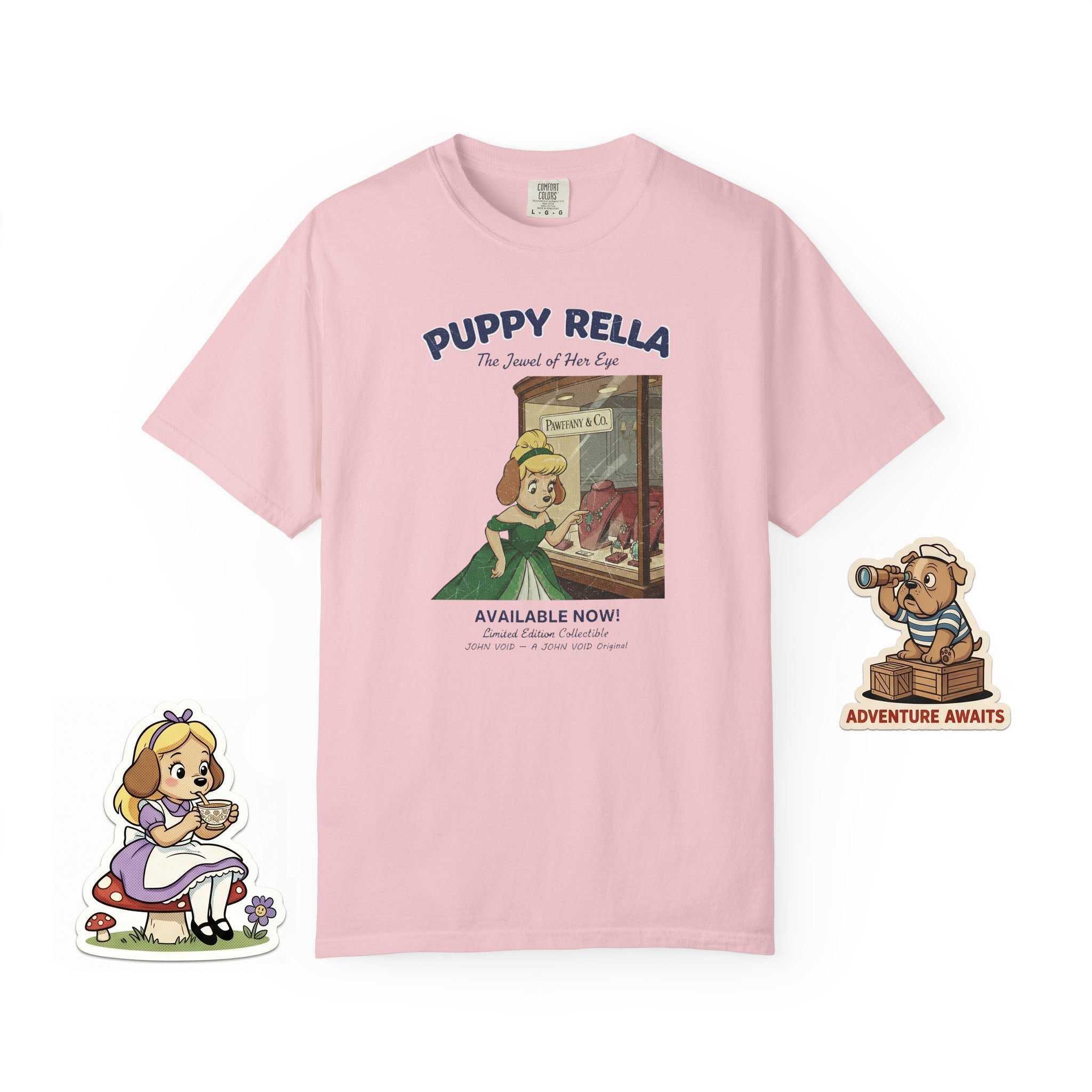 Puppyrella Window Shopping Illustration T-Shirt, Retro Storybook Graphic Tee by John Void